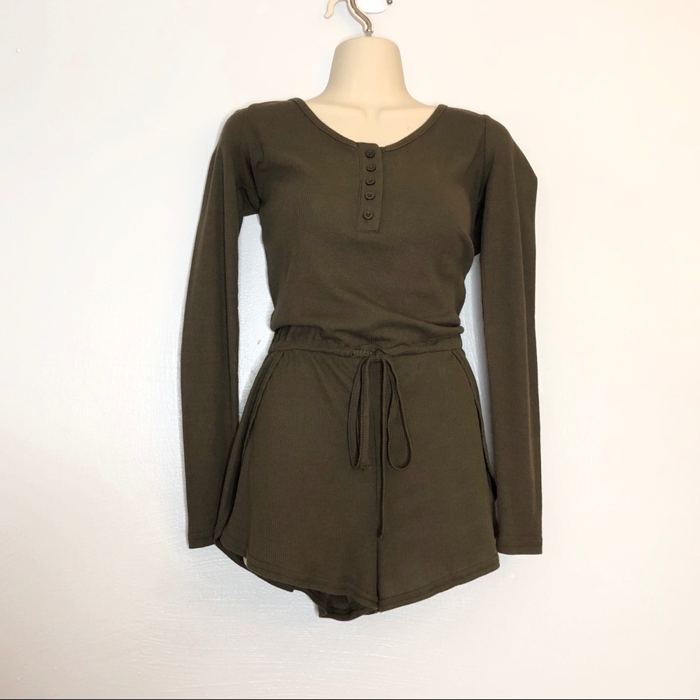 Tobi olive green long sleeve button up romper S